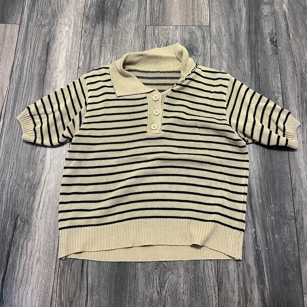 Striped Beige and Black Women's Polo Top - Picture 4 of 4